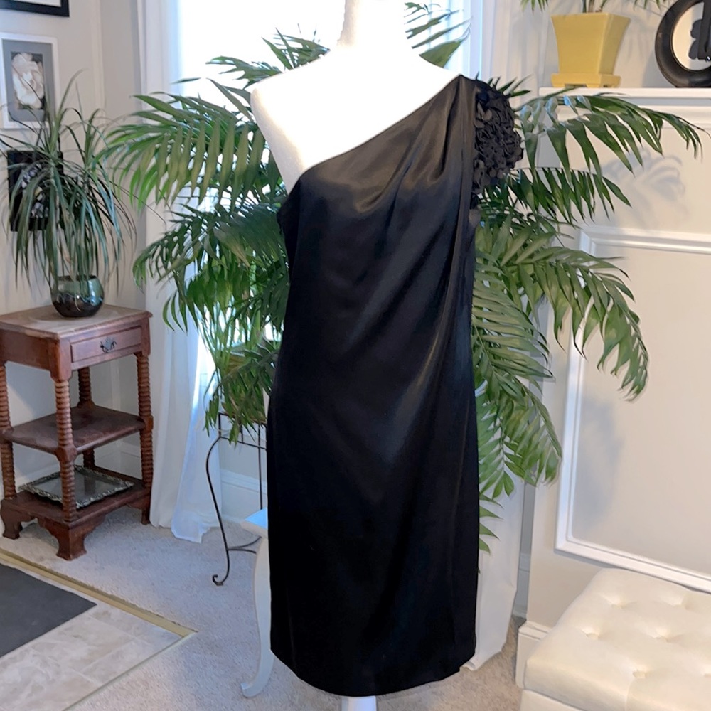 ST. JOHN One Shoulder Floral Embellished Sleeve Dress